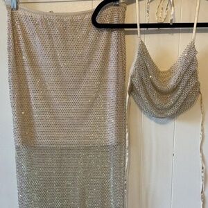 Meshki Cream Mesh Rhinestone Midi skirt and Halter Top Set size M